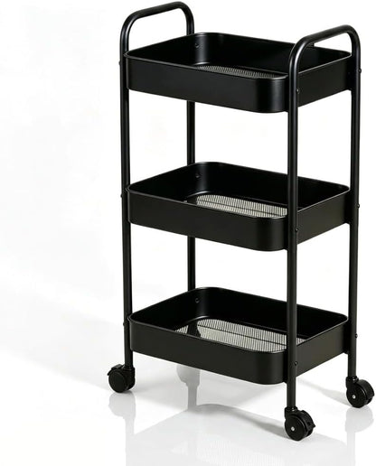 3-Tier Metal Rolling Cart with Smooth Casters, Lightweight Storage Utility Cart Mobile Organizer Rack, Multi-Purpose Basket Shelf for Kitchen, Bathroom, Closet, Pantry-Black