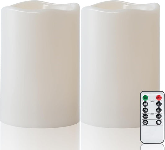 Amagic 3 Pack 4"x 6"8" 10" Outdoor Plastic Electric flameless Candles with Remote Control and Timer, Battery Operated Flickering LED Pillar Fake Candle for Home, Wedding Decor, Ivory