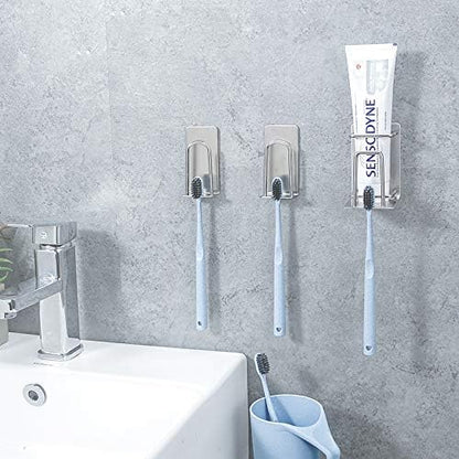 HANZE 2 Pack Toothbrush Holder 304 Stainless Steel Adhesive Wall Mounted 3 in 1 with Toothbrush Holder Toothpaste Holder and Cup Holder for Bathroom Shower