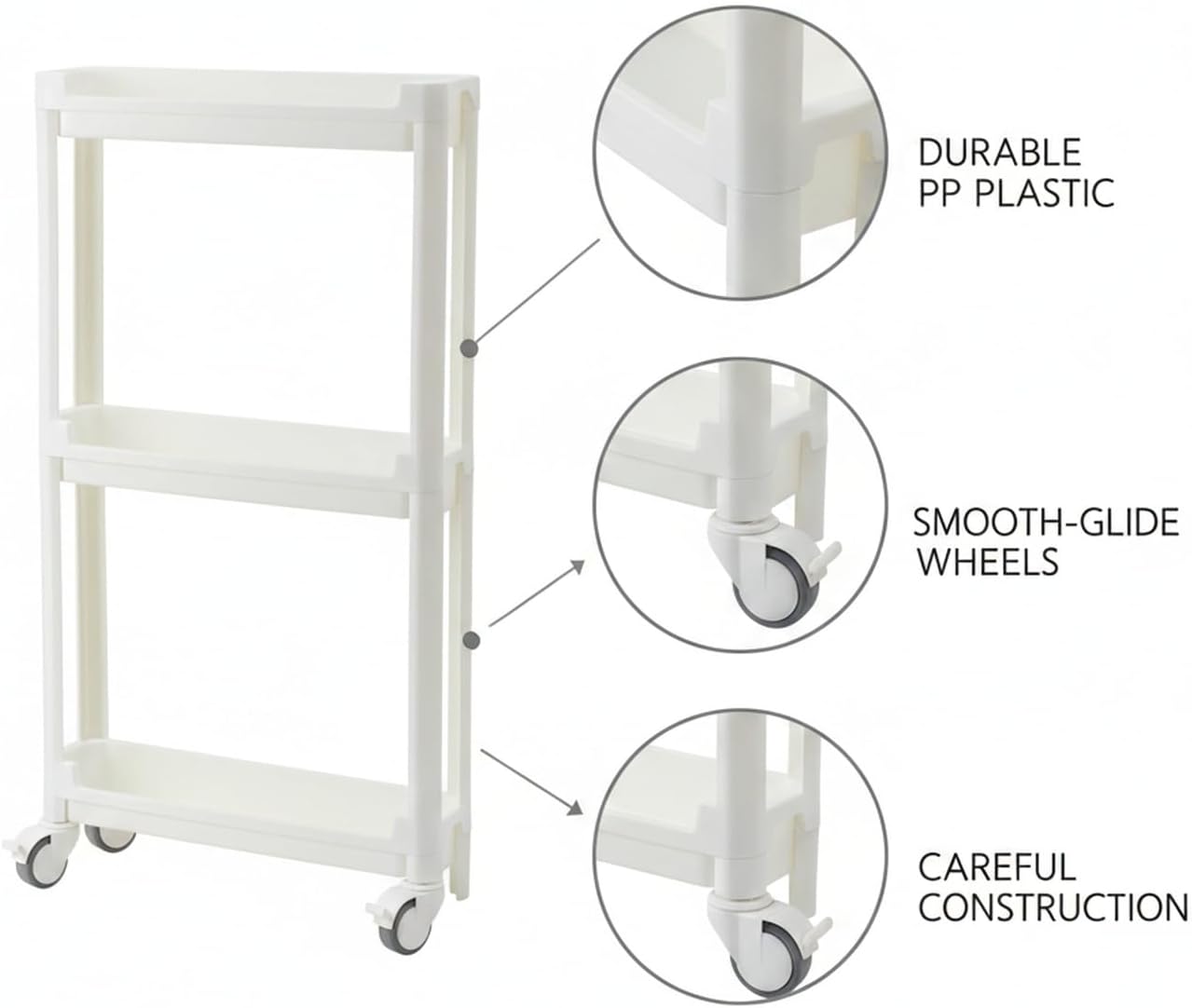 Slim Rolling Storage Cart, White | Plastic Utility Organizer, With Wheels, For Narrow Gaps, Kitchen and Bathroom