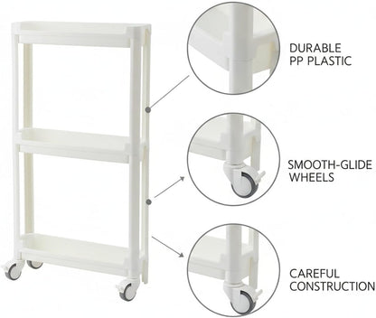 Slim Rolling Storage Cart, White | Plastic Utility Organizer, With Wheels, For Narrow Gaps, Kitchen and Bathroom