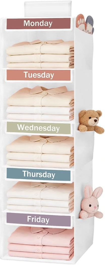 Weekly Clothes Organizer for Kids, 5-Shelf Kid Hanging Closet Organizer w/ 6 Side Pockets, Labeled Weekly Outfit Organizer for Kids, Days of The Week Clothes Organizer Monday Through Friday White
