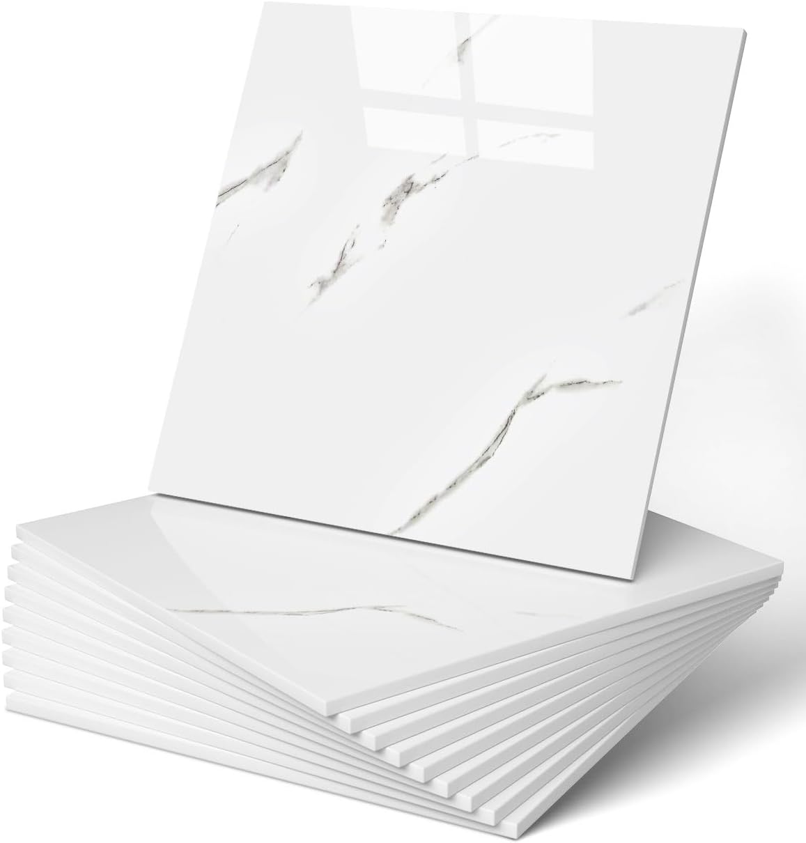 WADILE 10pcs Peel and Stick Shower Waterproof Marble Tiles Wall Panels, 11.8"x11.8" Self-Adhesive Backsplash, for Home Bathroom, Kitchen, Living Room White (Not Real Tile)