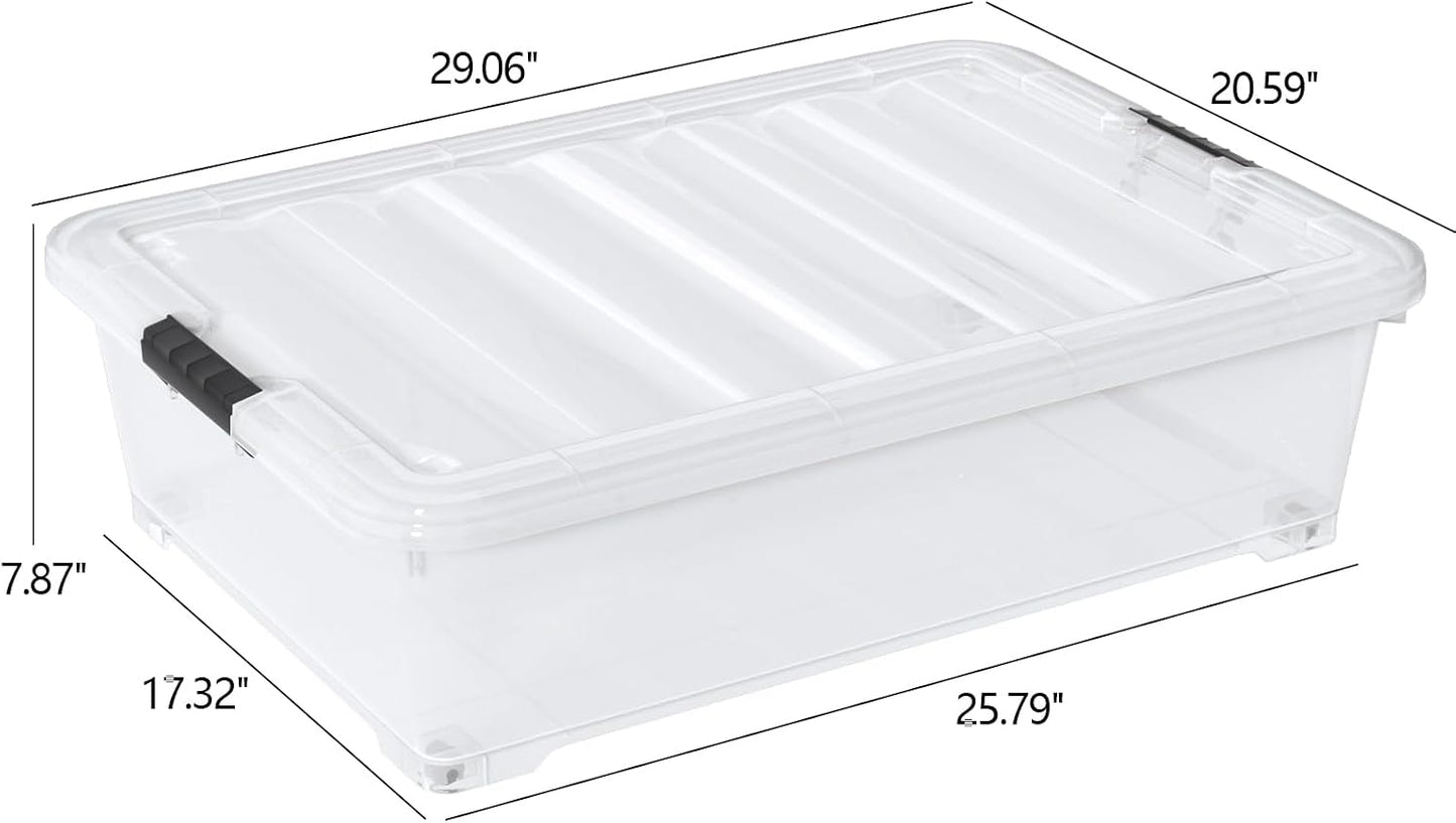 Hespama 3 Pack Plastic Rolling Storage Box Bin for Under the Bed, 20 Quart | Lidded Storage Container Bin, Clear