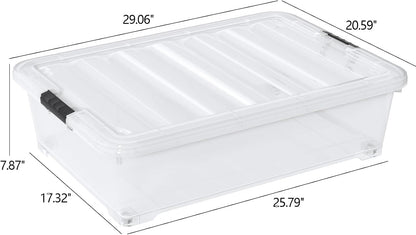 Hespama 3 Pack Plastic Rolling Storage Box Bin for Under the Bed, 20 Quart | Lidded Storage Container Bin, Clear