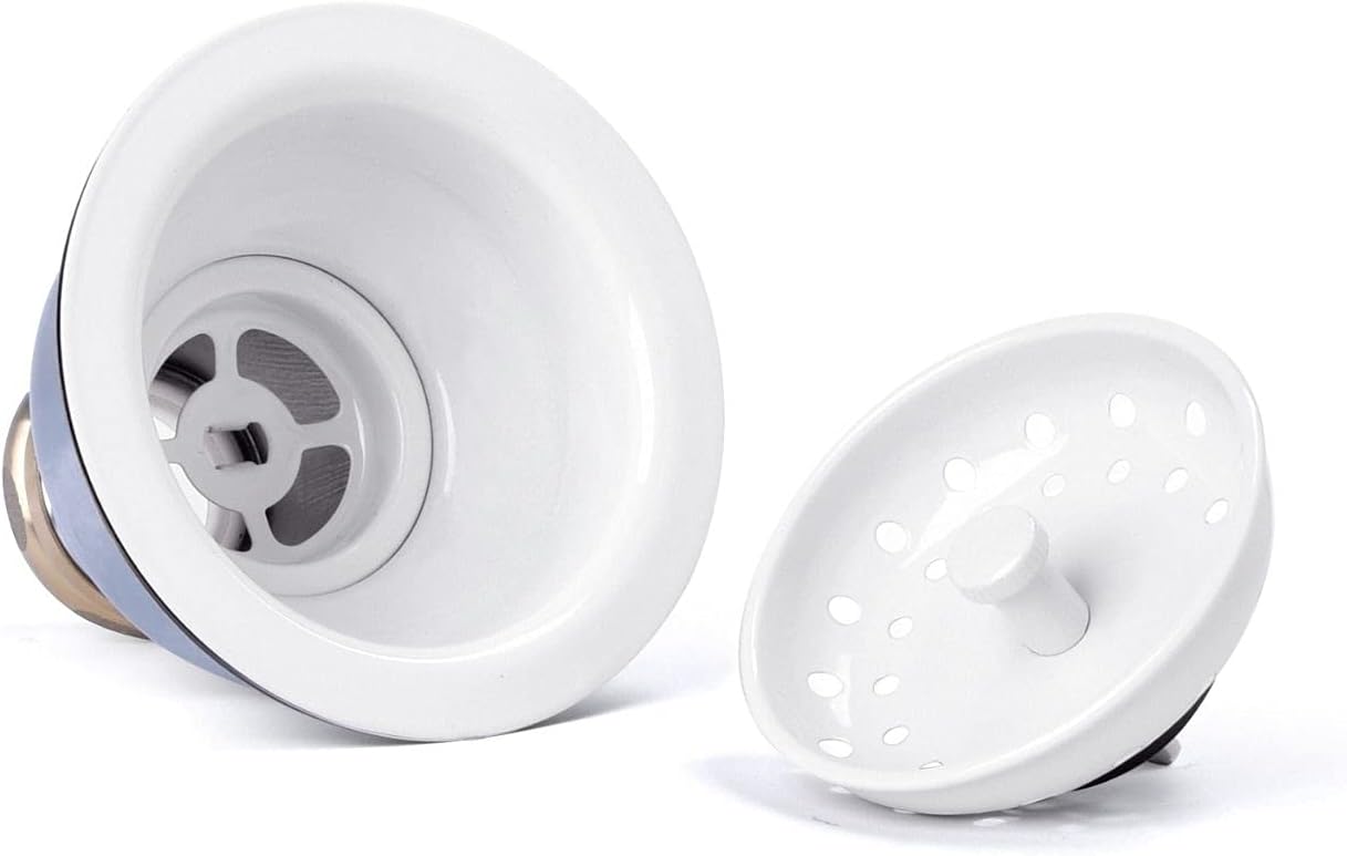 3-1/2 Deep Cup Kitchen Sink Drain Assembly, 304 Stainless Steel Construction With Fixed Post Basket and Long Extended Shank/CAS Approved and White Finish