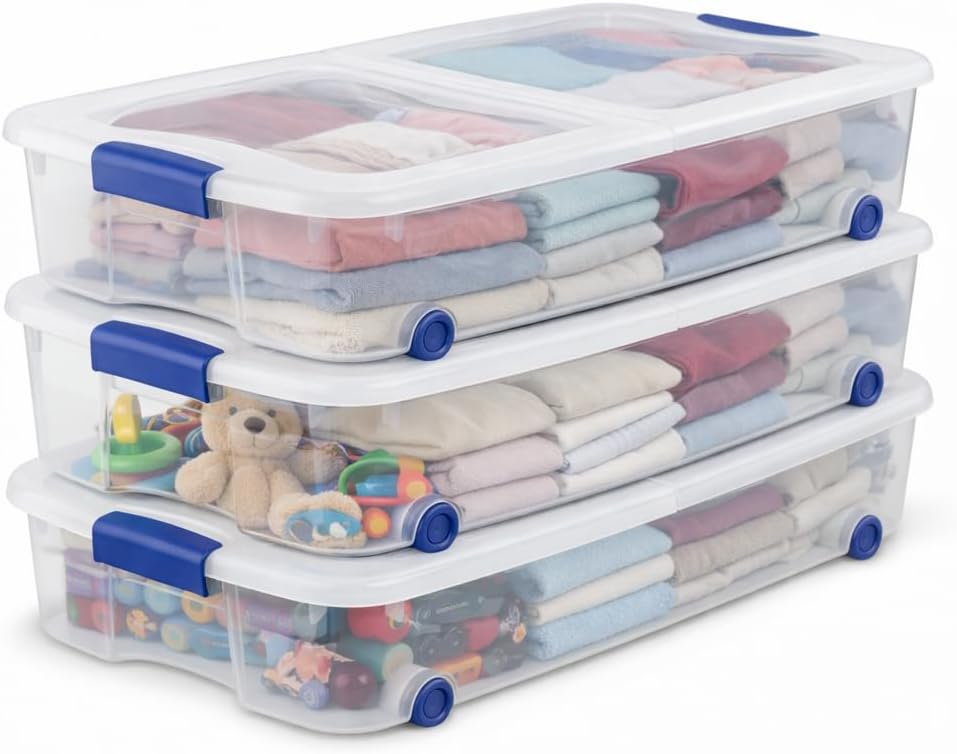 66 Quart Underbed Storage Bin with Wheels & Clear Lid, Under Bed Storage Container for Blankets, 39.5" x 20.25" x 7", Split-Lid Design & Smooth Gliding Wheels