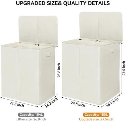WOWLIVE 180L Laundry Hamper with Lid 3 Section,Large Laundry Basket with Removable Bags and Handles,Collapsible Dirty Clothes Hampers for Laundry,Laundry Basket Organizer for Laundry Room,Dorm,Beige