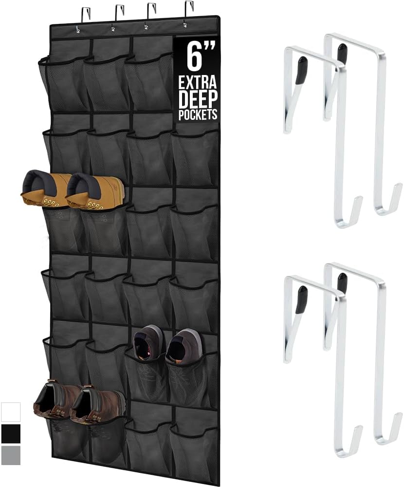 GORILLA GRIP Over the Door Shoe Organizer, 24 Large Breathable Mesh Pockets, Space Saving Hanging Storage Holder, Closet Rack Hanger Holds Up to 40 lbs, Hangs on Closets for Shoes, Accessories, Grey