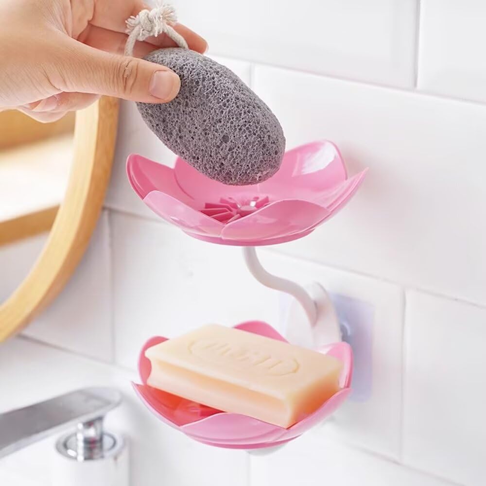 Soap Dish Holder for Shower Bar Double Layer Cute Lotus Shape Adhesive Tray Sink Wall Mounted Shampoo NO-Drilling Self Draining Hanging Saver Rack Plastic Bathroom Bathtub Kitchen，Pink