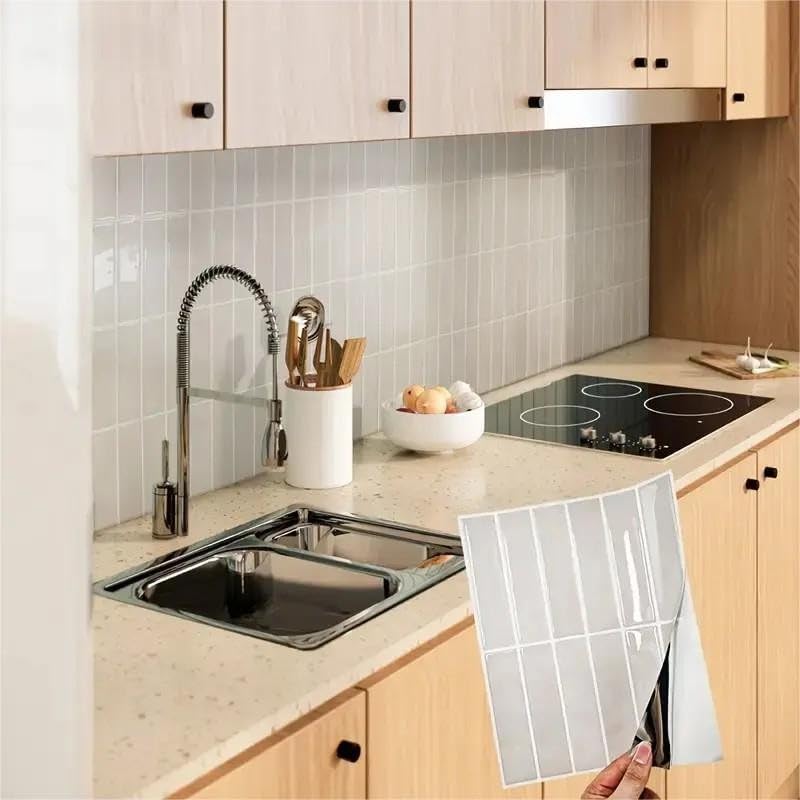 Heikki 20-Piece Kitchen Splash Guard Stickers, Peel-and-Stick Tile Splashbacks for Kitchen Islands, Bathrooms, Laundry Rooms, RVs, and Rental Spaces, 11.43 × 9 inches (Beige)
