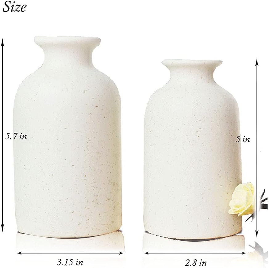 Hirdbrote Small Ceramic Vases for Decor, 2-Piece Set - Flower Vases, Modern Farmhouse & Rustic Home Decor, Wedding & Kitchen Centerpiece (5.5' & 4.7' Tall) (White)