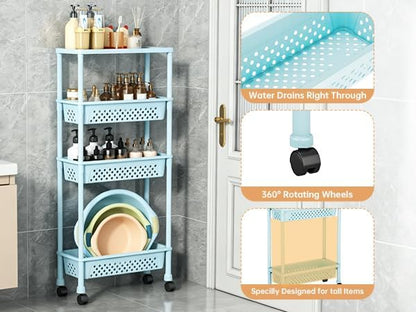 Slim 4 Tier Rolling Storage Cart Narrow Bathroom Organizer on Wheels Blue | 6.7" wide for tight bathroom/kitchen gaps, extra-tall tier, 360° casters, quick-dry shelves, tool-free storage rack