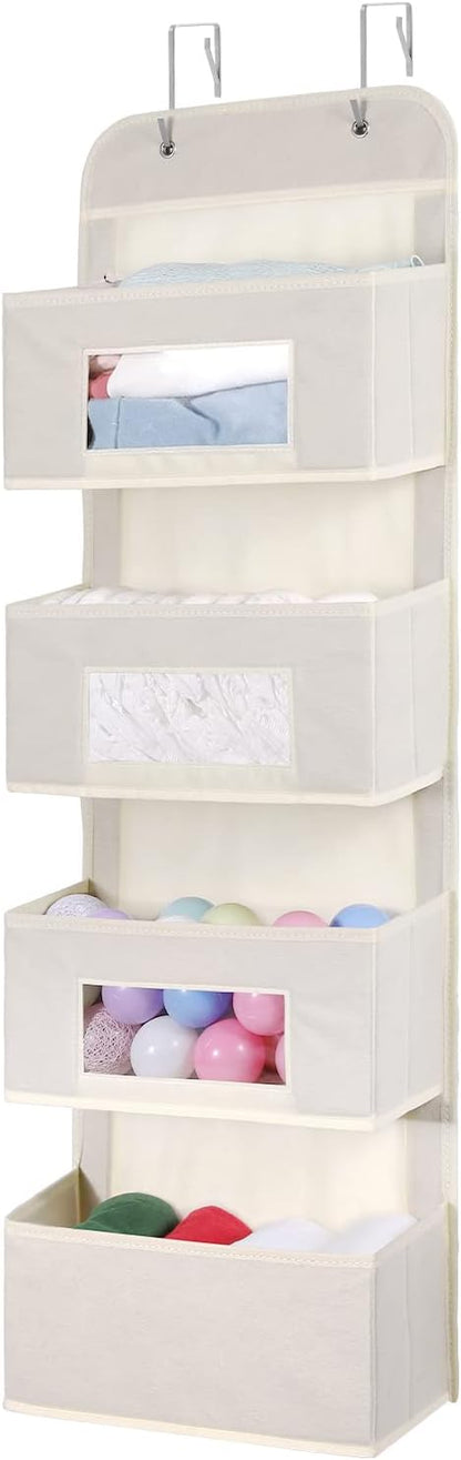 MAX Houser 4-Shelf Over The Door Hanging Organizer with 2 Metal Hooks, Gray | 4 Pocket Swing-proof Behind Door Organizers with Clear Windows for Bathroom Closet, Dorm