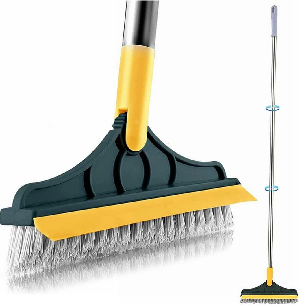 2 in 1 Cleaning Scrub Brush Grout Brush Scrape Floor Scrub Brush with Long Handle V-Shape Stiff Bristle Brush Scrubber with Squeegee 120°Rotating Shower Scruber for Cleaning Bathroom Glass Wall