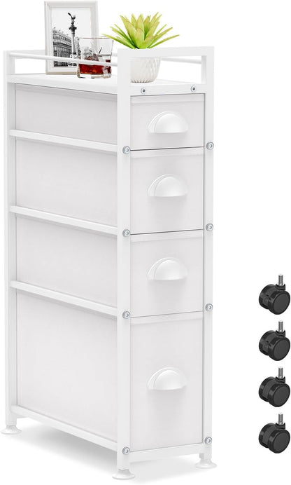 LASZOLA 5 Drawer Narrow Dresser Slim Cabinet Skinny Storage Tower Chest, Ideal for Small Spaces Bathroom, Between Washer and Dryer, Lightweight Mobile on Wheels, Sturdy Fabric Drawers, Black