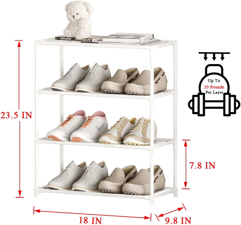 Small Shoe Rack 6-8 Pairs Sturdy Shoe Shelf 4-Tiers Narrow Stackable Shoe Organizer,Lightweight Kids Shoe Racks for Entryway, Doorway and Closet（Black）