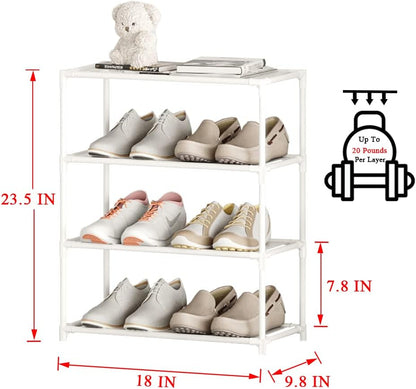 Small Shoe Rack 6-8 Pairs Sturdy Shoe Shelf 4-Tiers Narrow Stackable Shoe Organizer,Lightweight Kids Shoe Racks for Entryway, Doorway and Closet（Black）