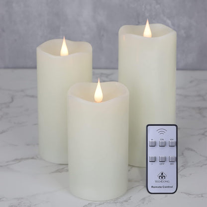 TECHLONG Flameless Candles Battery Operated with Remote Timer, 3D Moving Flame Flickering, Last 600+ Hours Battery Candles, 3" x 3" Ivory Real Wax Electric LED Candle for Wedding Party, Set of 2