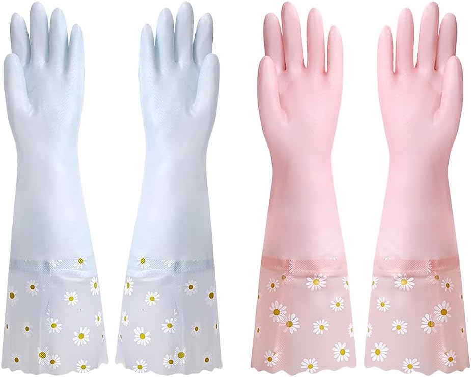 2 Pairs Daisy Flower Dishwashing Gloves Rubber Cleaning Gloves Kitchen Work Gloves Long Cuff Waterproof Gloves Gardening Household Gloves Reusable Dish Washing Gloves for Laundry