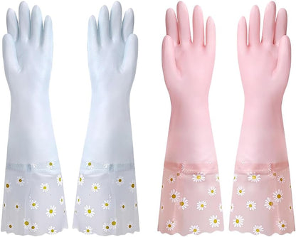 2 Pairs Daisy Flower Dishwashing Gloves Rubber Cleaning Gloves Kitchen Work Gloves Long Cuff Waterproof Gloves Gardening Household Gloves Reusable Dish Washing Gloves for Laundry