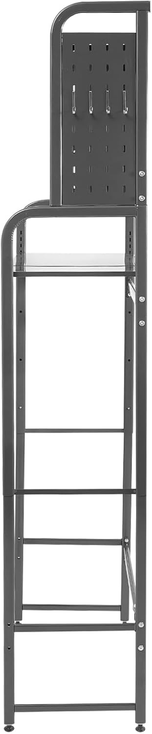 3-Tier Over The Washer and Dryer Storage Shelf, Washing Machine Shelf with Adjustable Height & Hooks, Over Toilet Laundry Room Drying Storage Rack with Pigboard, Space Saver (Gray)