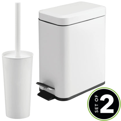 mDesign Metal Freestanding Slim Toilet Bowl Brush and Holder + Rectangle Narrow 5 Liter / 1.3 Gallon Step Pedal Trash Can Wastebasket for Bathroom - Small, Compact Design - Set of 2 - Brushed/Chrome