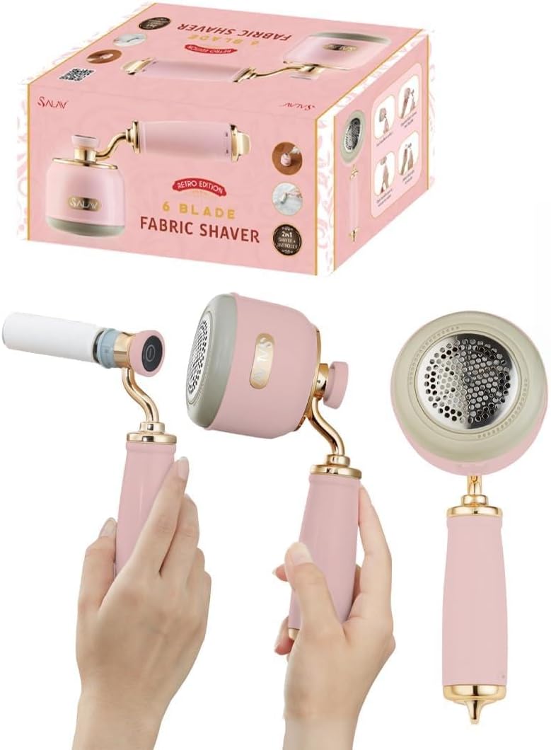 SALAV® Retro Edition 2-in-1 Rechargeable Fabric Shaver and Lint Roller, 6-Blade System, Removes Fuzz and Pilling on Fabrics, Includes Charging Cable (Rose)