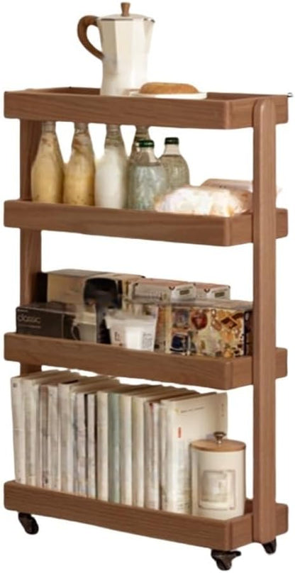 Tea Cart, Storage Rack, Rolling Cart with 4 Tiered Storage, Storage Cart with Universal Wheels and Heightened and Widened Columns, Utility Wood Cart for Bedrooms, Living Rooms(Beige,15.8x7.9x31.9in)