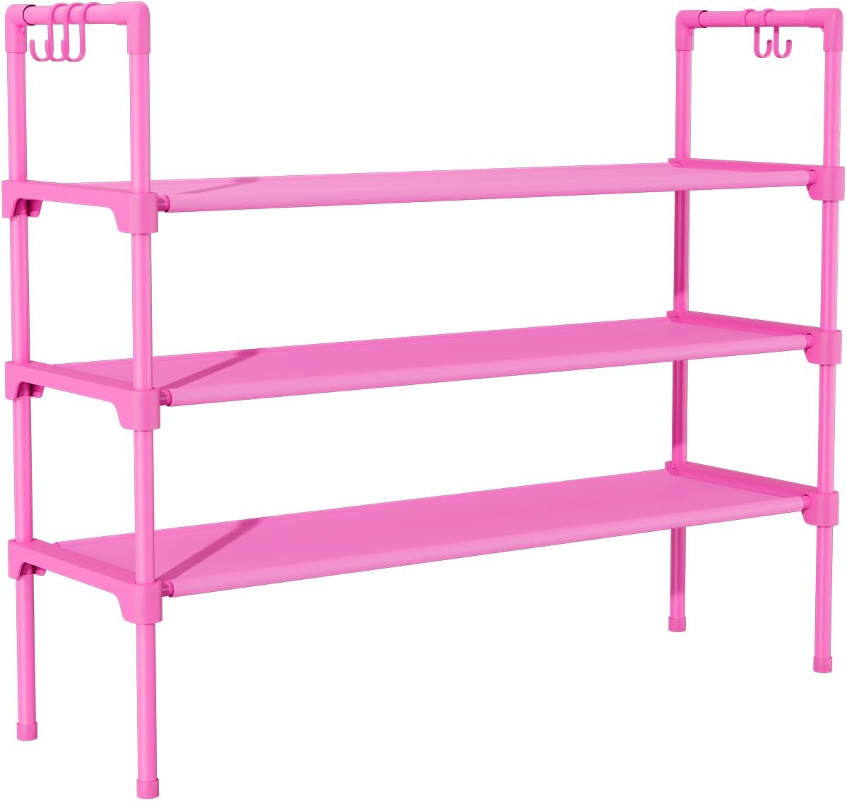 LANTEFUL 3 Tier Shoe Rack for Closet, Shoe Organizer with 5 Hooks, Long Shoe Shelf Storage for Sneaker and Boot Stackable Free Standing Shoe Rack for Entryway, Garage, Small Spaces, Dorm