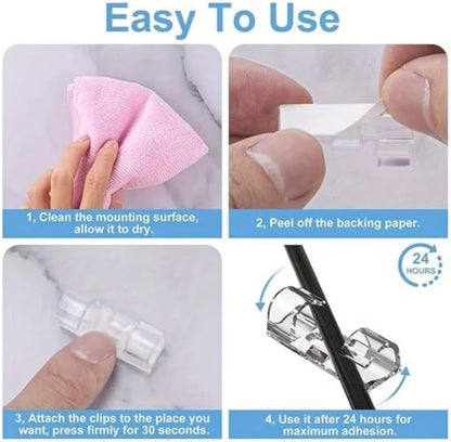 100pcs Clear Adhesive Cable Clips for Desk and Wall, Durable PC Cord Organizer Clips for Office, Home and Car, Strong Self-Adhesive Wire Management Clips for Ethernet, Charging Cables and Power Cords