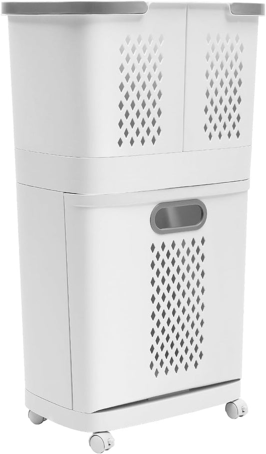 Removable Laundry Basket Organizer,3 Section Laundry Sorter with 4 Wheels,17.3×12.2×29.3in 2-Tier Divided Laundry Hamper with Wheels & Wall-Mountable Baskets,for Bedroom Laundry Room Bathroom