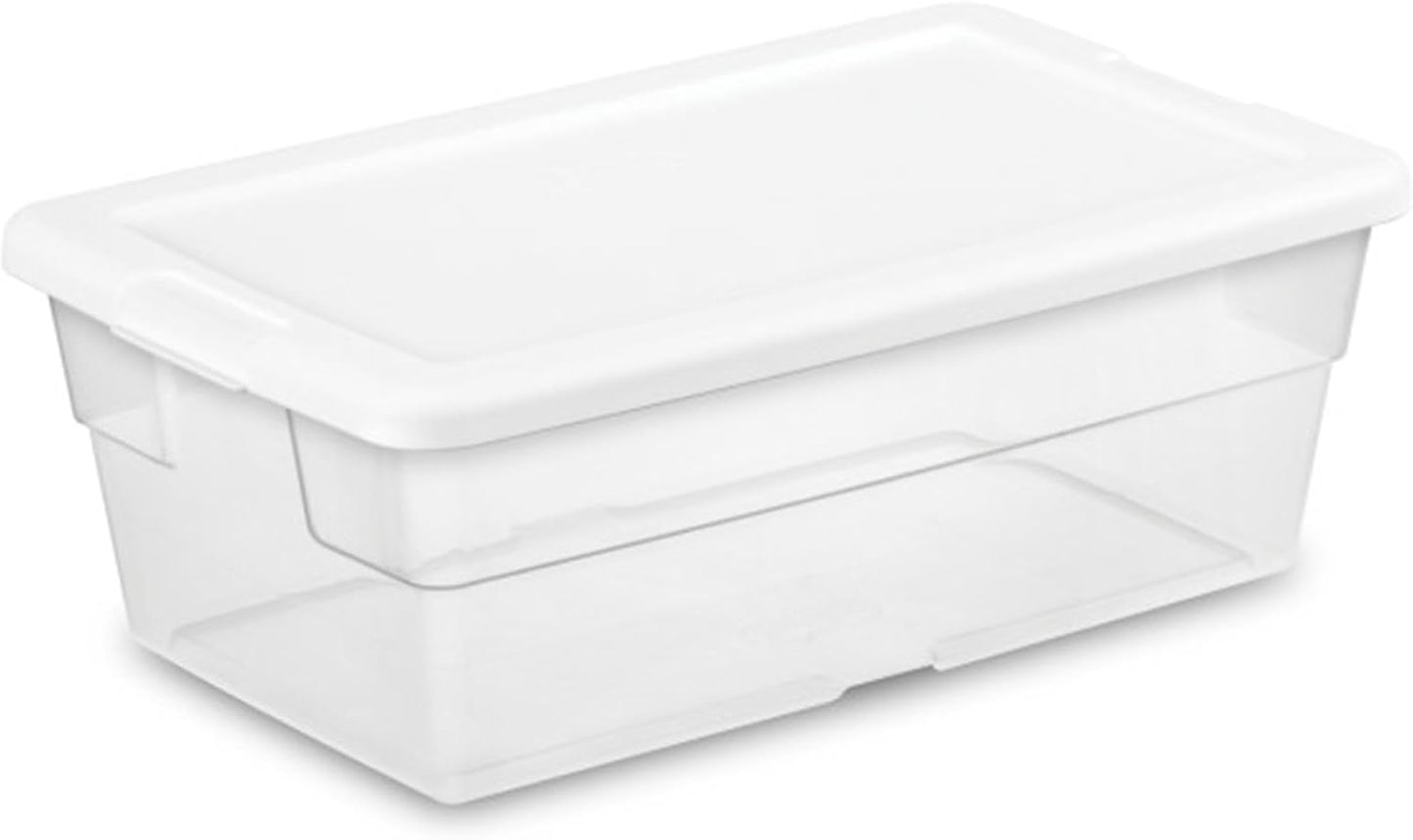 Sterilite 6 Pack Storage Box, 41 Quart Stackable Tote, Clear Plastic Container with Secure Snapping White Lids for Home and Office Organization