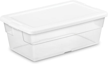 Sterilite 6 Pack Storage Box, 41 Quart Stackable Tote, Clear Plastic Container with Secure Snapping White Lids for Home and Office Organization