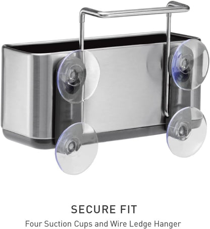 simplehuman Sink Caddy, Sponge Holder for Kitchen Sink with Compartment Dividers, 4 Suction Cups & Wire Ledge Hanger for Secure Mount, Vented Base for Fast Drying, Brushed Stainless Steel