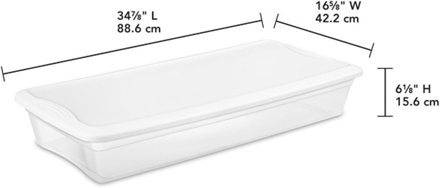 Sterilite 6 Pack Storage Box, 41 Quart Stackable Tote, Clear Plastic Container with Secure Snapping White Lids for Home and Office Organization