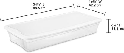 Sterilite 6 Pack Storage Box, 41 Quart Stackable Tote, Clear Plastic Container with Secure Snapping White Lids for Home and Office Organization