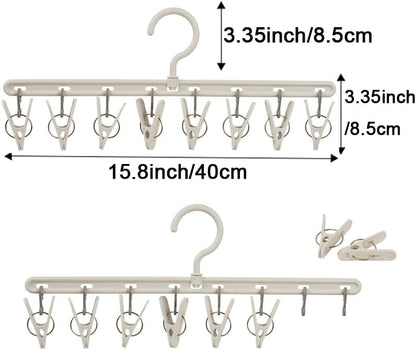 Foshine Clothes Hanger 2 Pack with 8 Clips,Clothes Drying Racks for Drying | Windproof For Drying Socks Bras Underwears Baby Clothes, Hats Scarfs Towels Pants and Gloves Diaper