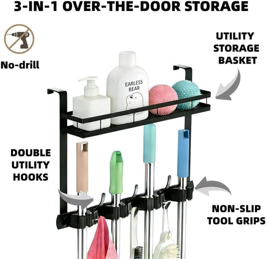 Over the Door Heavy Duty Metal Broom & Mop Holder, No-Drill Cleaning Supply Organizer with 4 Grips, 3 Hooks & 1 Storage Basket for Laundry Room & Garage