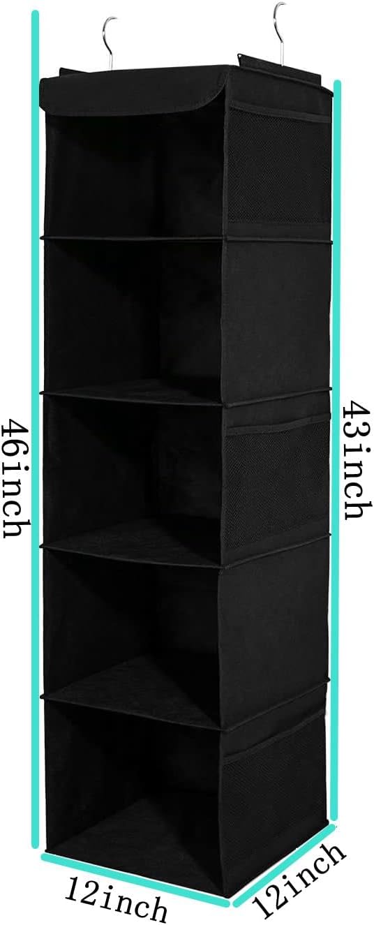 BrilliantJo 2 Pack Hanging Closet Organizer, 5 Shelves Hanging Storage with 6 Side Pockets for Clothes Shoes, 43"x12"x12"(Black)