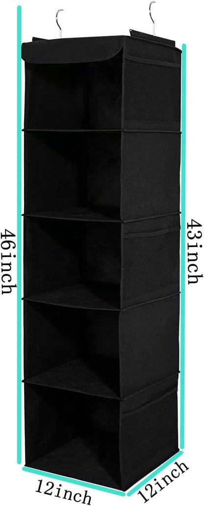 BrilliantJo 2 Pack Hanging Closet Organizer, 5 Shelves Hanging Storage with 6 Side Pockets for Clothes Shoes, 43"x12"x12"(Black)