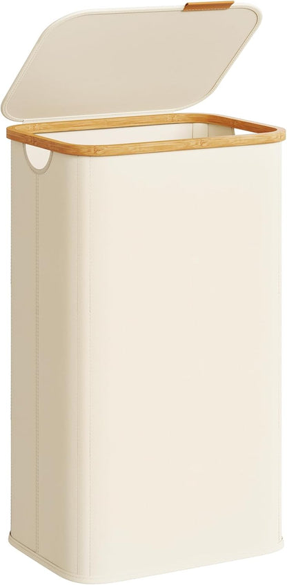 SONGMICS Laundry Hamper, Laundry Basket with Lid, Foldable Storage Basket, Bamboo Frame, for Bedroom, Living Room, Oxford Fabric, 37 Gal. (140 L), Cream White ULCB519WD01