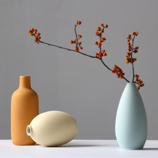 Ceramic Vase Set of 3, Minimalist Flower Vase for Rustic, Modern Farmhouse, Living Room, Shelf, Table, Bookshelf, Mantel and Entryway Decor - Multicolor