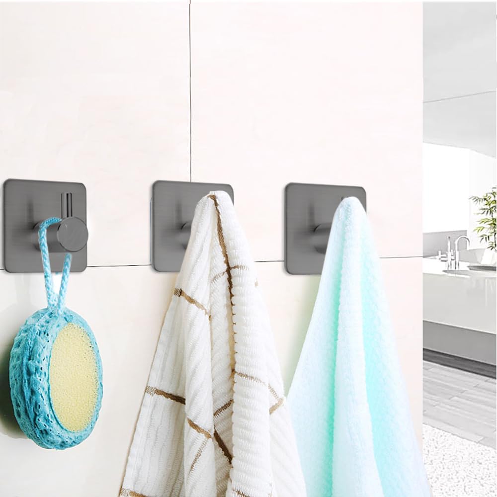 Fotosnow Adhesive Towel Hooks 15lbs Heavy Duty Wall Hooks Waterproof Stainless Steel Hanger for Hanging Coat, Hat, Towel Robe Hook Rack Wall Mount- Bathroom and Bedroom 4-Packs