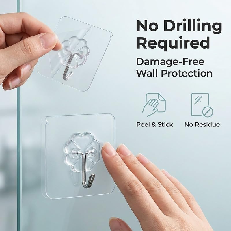 10pcs Heavy Duty Wall Hooks, Adhesive Hooks for Hanging, Waterproof and Oilproof Sticky Hooks, Transparent Self Adhesive Hooks for Bathroom Kitchen Door