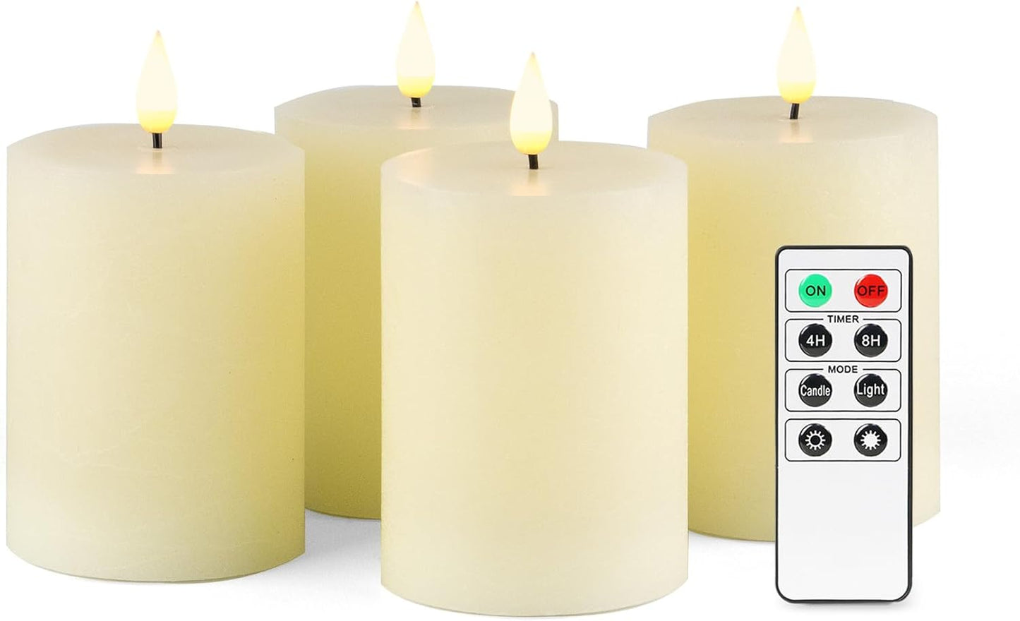 Fanna Flameless LED Pillar Candles with Timer for Wreath, Battery Operated Rustic Wax Candles with Remote for Christmas, 8 Batteries Included - Set of 4 (D 3" x H 4") - Ivory
