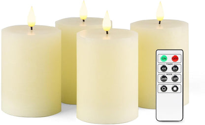 Fanna Flameless LED Pillar Candles with Timer for Wreath, Battery Operated Rustic Wax Candles with Remote for Christmas, 8 Batteries Included - Set of 4 (D 3" x H 4") - Ivory