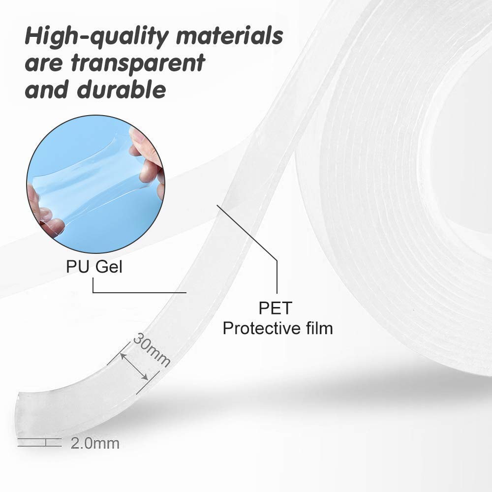 Double Sided Tape Heavy Duty, 3M Mounting Tape, Traceless Reusable Clear Adhesive Nano Tape, Washable Removable Strong Sticky Gel Grip Tape for Home Wall Photos Posters Fix Carpet Mats