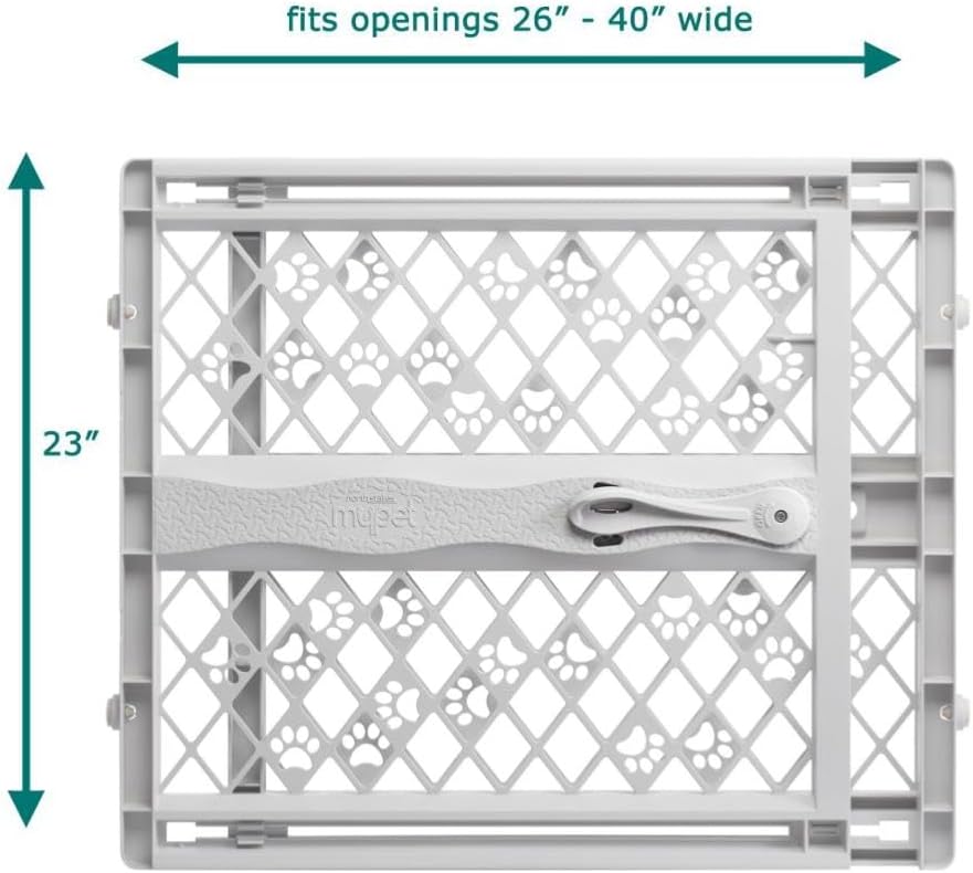 MYPET Paws Portable Pet Gate: 26-40" Wide Expandable, Pressure Mounted No Tools Needed, Durable Dog Gate for Doorways, Made in USA, 23" Tall, Fieldstone Gray