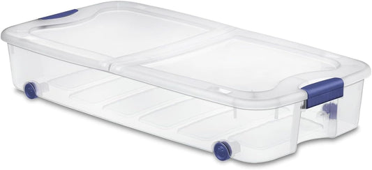 66 Quart Clear Underbed Storage Bin with Wheels & Latching Lid - Low Profile Plastic Storage Container for Clothes, Shoes, Bedding, Wrapping Paper Organizer, Slim Rolling Under Bed Storage Box
